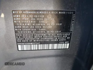 2022 Volkswagen Tiguan SE with VIN 3VV3B7AX6NM037247, listed as a IAAI auction lot 41644680 with 47,048 mi miles and . Bid and sale history available at DreamBid. Image 9.