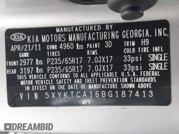 2011 Kia Sorento LX with VIN 5XYKTCA16BG187413, listed as a IAAI auction lot 42538874 with 162,002 mi miles and . Bid and sale history available at DreamBid. Image 9.