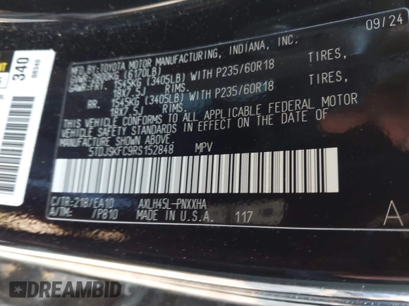 2024 Toyota Sienna XLE with VIN 5TDJSKFC9RS152848, listed as a IAAI auction lot 41290455 with 1,967 mi miles and . Bid and sale history available at DreamBid. Image 9.