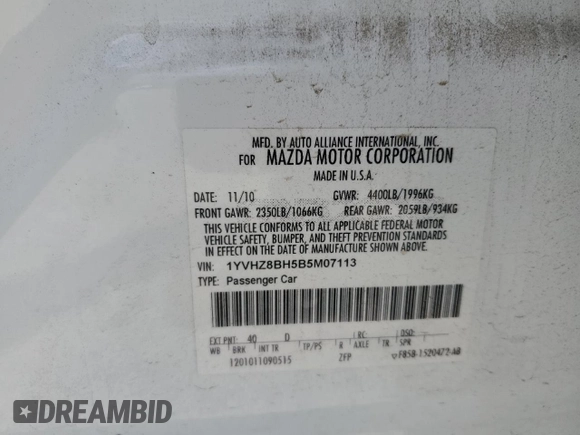 2011 Mazda 6 i Sport with VIN 1YVHZ8BH5B5M07113, listed as a Copart auction lot 62854965 with 114,035 mi miles and Salvage title. Bid and sale history available at DreamBid. Image 12.