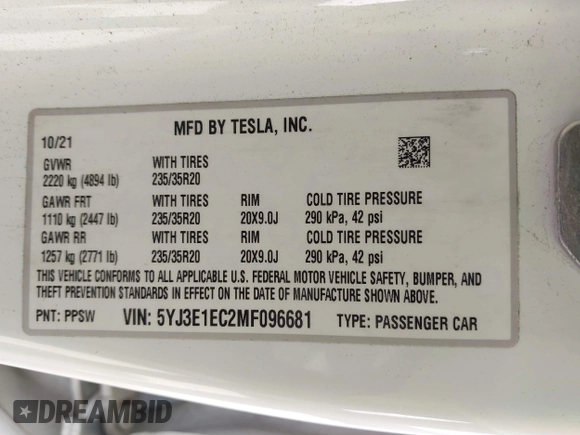 2021 Tesla Model 3 Performance with VIN 5YJ3E1EC2MF096681, listed as a IAAI auction lot 42068782 with 34,852 mi miles and . Bid and sale history available at DreamBid. Image 9.