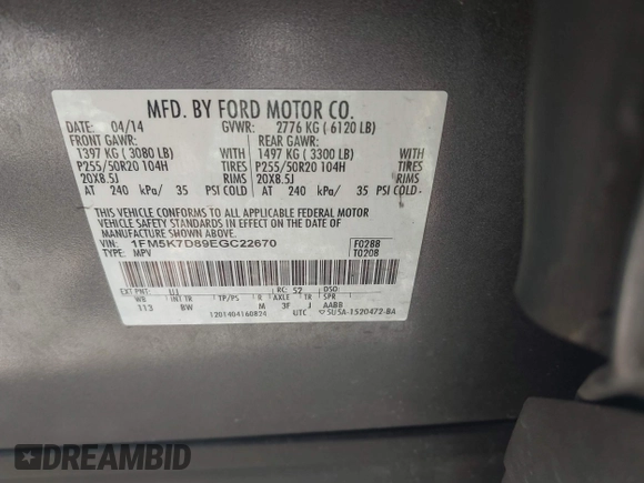 2014 Ford Explorer XLT with VIN 1FM5K7D89EGC22670, listed as a IAAI auction lot 42346138 with 198,299 mi miles and . Bid and sale history available at DreamBid. Image 9.