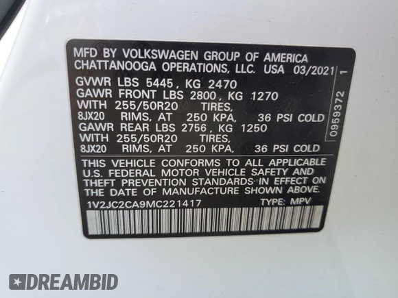 2021 Volkswagen Atlas SE z VIN 1V2JC2CA9MC221417, wystawiony jako Copart lot #49646075 z przebiegiem 49 087 mil mil oraz Nie do naprawy • Non repairable. Historia ofert i sprzedaży dostępna na DreamBid. Obrazek 13.