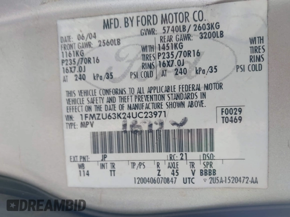 2004 Ford Explorer XLT с VIN 1FMZU63K24UC23971, выставлен на аукционе IAAI как лот 42649022 с пробегом 228 794 миль миль и . История ставок и продаж доступна на DreamBid. Изображение 9.