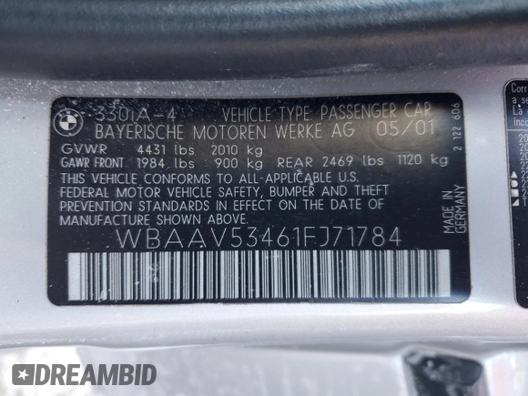 2001 BMW 3 Series 330i with VIN WBAAV53461FJ71784, listed as a Copart auction lot 46325815 with 59,714 mi miles and Salvage Title. Bid and sale history available at carsss.com. Image 12.