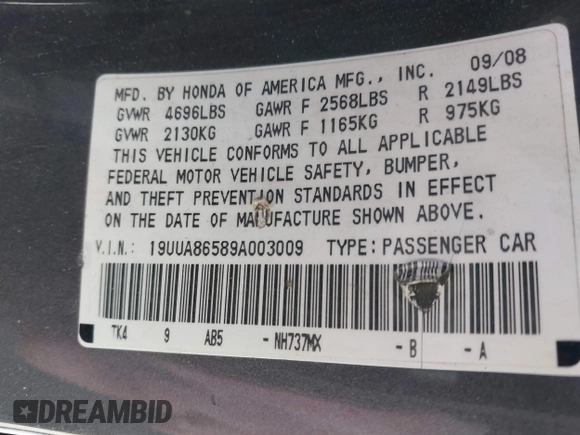 2009 Acura TL Tech with VIN 19UUA86589A003009, listed as a IAAI auction lot 41853122 with 150,863 mi miles. Bid and sale history available at carsss.com. Image 9.