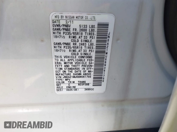 2011 Nissan Murano LE with VIN JN8AZ1MU6BW061788, listed as a IAAI auction lot 41984205 with 115,368 mi miles and . Bid and sale history available at carsss.com. Image 9.