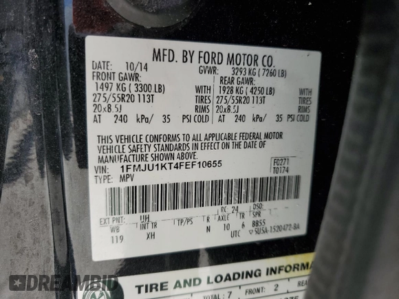 2015 Ford Expedition Limited z VIN 1FMJU1KT4FEF10655, wystawiony jako Copart lot #49400295 z przebiegiem 143 998 mil mil oraz Szkoda całkowita • Salvage title. Historia ofert i sprzedaży dostępna na DreamBid. Obrazek 14.