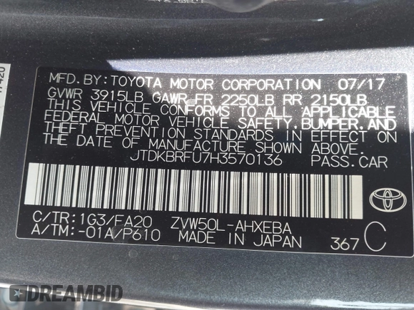 2017 Toyota Prius Two with VIN JTDKBRFU7H3570136, listed as a IAAI auction lot 42183403 with 112,828 mi miles and . Bid and sale history available at DreamBid. Image 9.