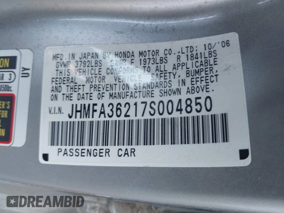 2007 Honda Civic with VIN JHMFA36217S004850, listed as a IAAI auction lot 42544238 with 143,861 mi miles and . Bid and sale history available at DreamBid. Image 9.