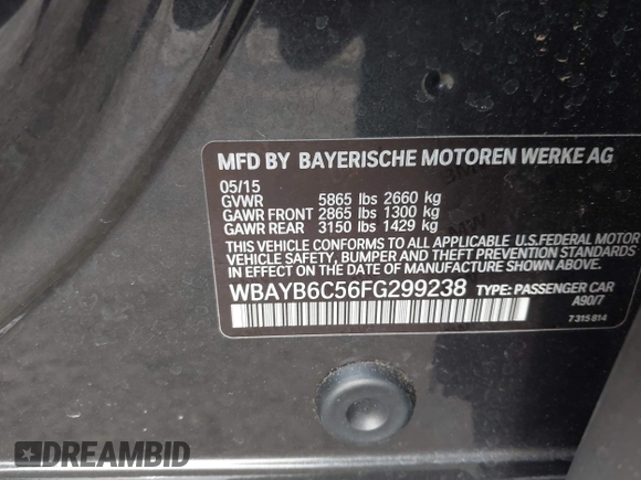 2015 BMW 7 Series 750i xDrive with VIN WBAYB6C56FG299238, listed as a IAAI auction lot 41441393 with 62,396 mi miles. Bid and sale history available at carsss.com. Image 9.