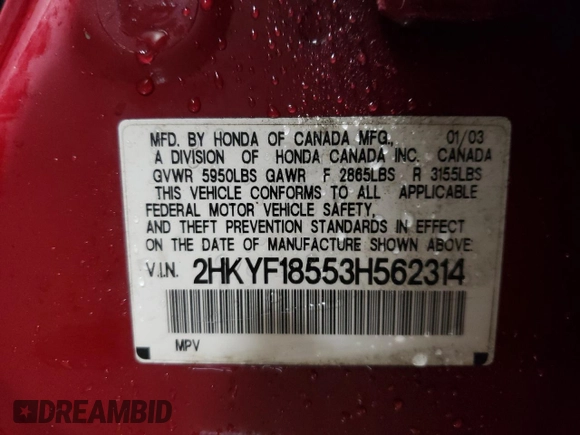 2003 Honda Pilot EX with VIN 2HKYF18553H562314, listed as a Copart auction lot 82416424 with 185,200 mi miles and Salvage Title. Bid and sale history available at DreamBid. Image 12.