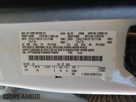 2022 Ford F-250 XL z VIN 1FT8W2BT4NEE74905, wystawiony jako Copart lot #84847104 z przebiegiem 53 212 mil mil oraz Szkoda całkowita • Salvage title. Historia ofert i sprzedaży dostępna na DreamBid. Obrazek 12.