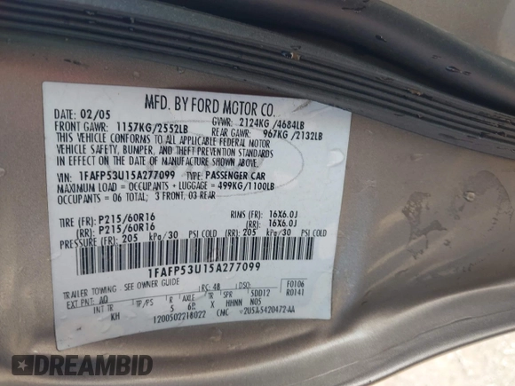 2005 Ford Taurus SE with VIN 1FAFP53U15A277099, listed as a IAAI auction lot 42591117 with 191,123 mi miles and . Bid and sale history available at DreamBid. Image 9.