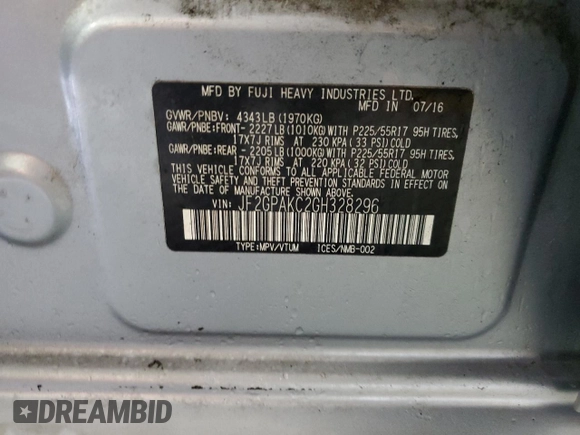 2016 Subaru Crosstrek Limited с VIN JF2GPAKC2GH328296, выставлен на аукционе Copart как лот 56515305 с пробегом 102 318 миль миль и Списание • Salvage title. История ставок и продаж доступна на DreamBid. Изображение 13.