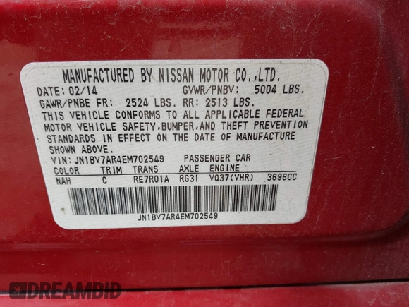2014 Infiniti Q50 Sport with VIN JN1BV7AR4EM702549, listed as a IAAI auction lot 41803344 with 197,187 mi miles and . Bid and sale history available at carsss.com. Image 9.