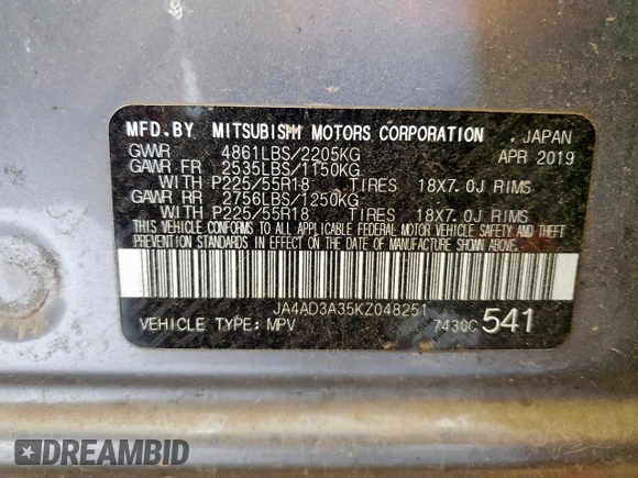 2019 Mitsubishi Outlander SE with VIN JA4AD3A35KZ048251, listed as a Copart auction lot 56799235 with 113,011 mi miles and Clean title. Bid and sale history available at DreamBid. Image 13.