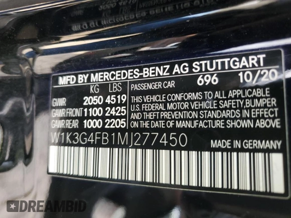 2021 Mercedes-Benz A 220 z VIN W1K3G4FB1MJ277450, wystawiony jako Copart lot #48180125 z przebiegiem Nie podano mil oraz Szkoda całkowita • Salvage title. Historia ofert i sprzedaży dostępna na DreamBid. Obrazek 14.