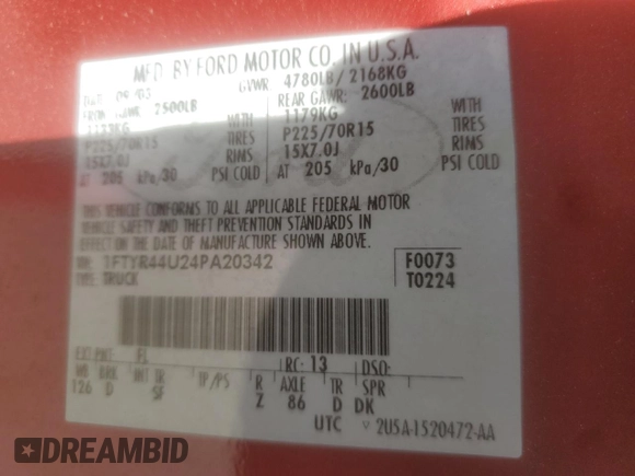 2004 Ford Ranger XL Fleet with VIN 1FTYR44U24PA20342, listed as a Copart auction lot 55420035 with Not Provided miles and Salvage Title. Bid and sale history available at DreamBid. Image 12.