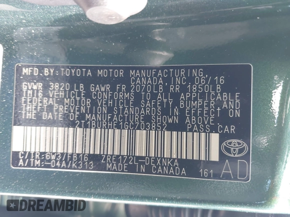 2016 Toyota Corolla L with VIN 2T1BURHE1GC703852, listed as a IAAI auction lot 41577747 with 72,096 mi miles and . Bid and sale history available at DreamBid. Image 9.