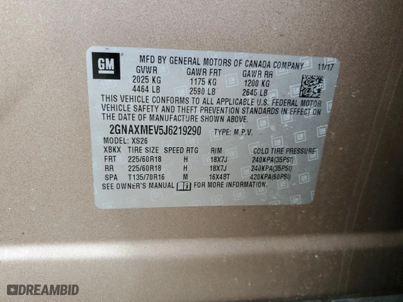 2018 Chevrolet Equinox Premier with VIN 2GNAXMEV5J6219290, listed as a Copart auction lot 50067235 with 69,387 mi miles and Salvage Title. Bid and sale history available at carsss.com. Image 13.