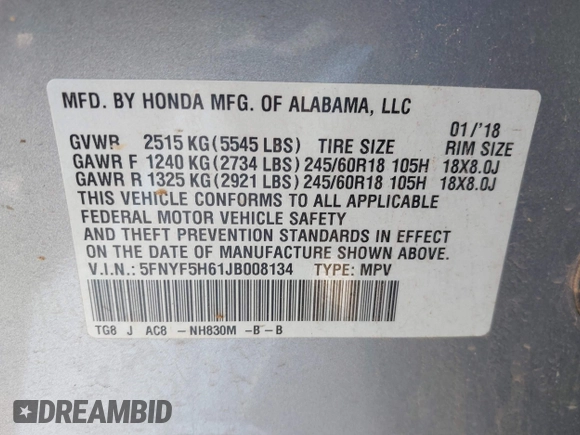 2018 Honda Pilot EX-L with VIN 5FNYF5H61JB008134, listed as a IAAI auction lot 42193142 with 100,254 mi miles and . Bid and sale history available at DreamBid. Image 9.