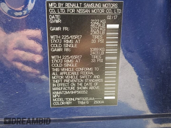 2017 Nissan Rogue SV with VIN KNMAT2MV9HP561152, listed as a Copart auction lot 63405565 with 62,593 mi miles and Salvage title. Bid and sale history available at DreamBid. Image 13.
