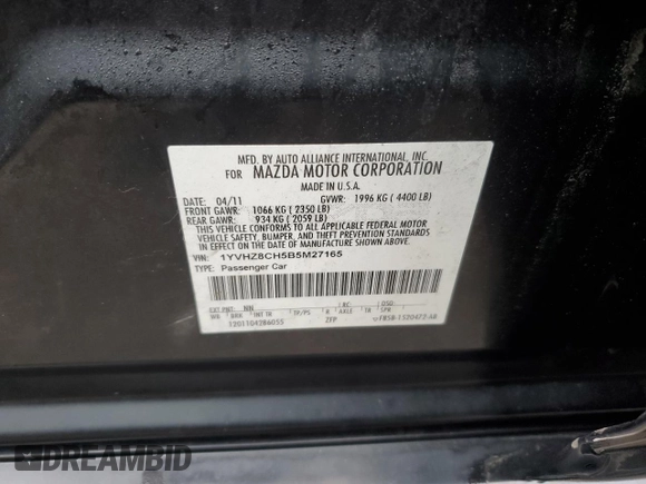2011 Mazda 6 i Grand Touring with VIN 1YVHZ8CH5B5M27165, listed as a Copart auction lot 45217765 with 164,665 mi miles and Salvage Title. Bid and sale history available at DreamBid. Image 12.