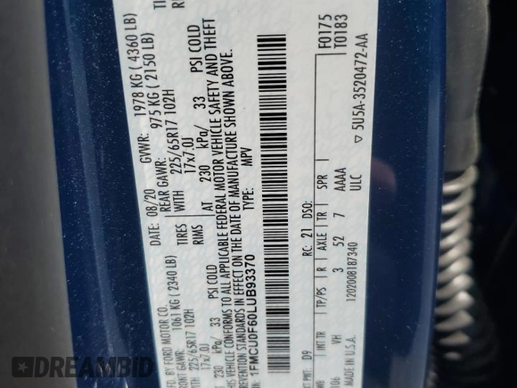 2020 Ford Escape S with VIN 1FMCU0F60LUB93370, listed as a Copart auction lot 54929985 with 52,354 mi miles and Salvage title. Bid and sale history available at DreamBid. Image 13.