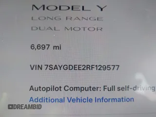 2024 Tesla Model Y Long Range with VIN 7SAYGDEE2RF129577, listed as a IAAI auction lot 41357180 with 6,697 mi miles and . Bid and sale history available at DreamBid. Image 15.
