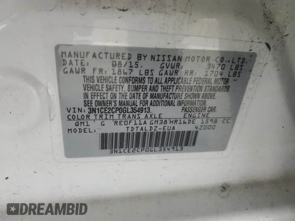 2016 Nissan Note S with VIN 3N1CE2CP0GL354913, listed as a Copart auction lot 50190535 with 120,526 mi miles and Salvage Title. Bid and sale history available at DreamBid. Image 14.