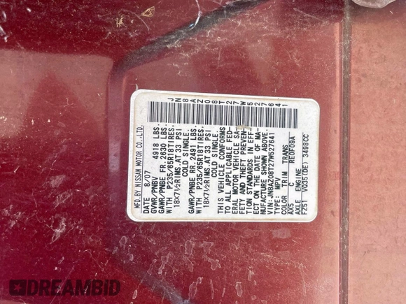 2007 Nissan Murano SL z VIN JN8AZ08T27W527641, wystawiony jako Copart lot #61804105 z przebiegiem 122 000 mil mil oraz Szkoda całkowita • Salvage title. Historia ofert i sprzedaży dostępna na DreamBid. Obrazek 10.