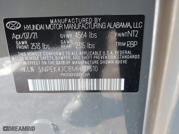 2021 Hyundai Sonata N Line with VIN 5NPEK4JC8MH127510, listed as a IAAI auction lot 41512915 with 27,409 mi miles. Bid and sale history available at carsss.com. Image 9.