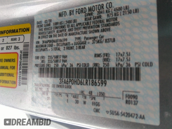 2020 Ford Fusion SE with VIN 3FA6P0HD6LR186599, listed as a IAAI auction lot 41541530 with 0 mi miles. Bid and sale history available at carsss.com. Image 9.