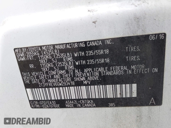 2016 Toyota RAV4 Limited with VIN 2T3YFREV6GW293418, listed as a IAAI auction lot 42367428 with 210,000 mi miles and . Bid and sale history available at DreamBid. Image 9.