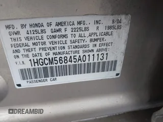 2005 Honda Accord EX-L z VIN 1HGCM56845A011131, wystawiony jako IAAI lot #41652955 z przebiegiem 283 176 mil mil oraz . Historia ofert i sprzedaży dostępna na DreamBid. Obrazek 9.