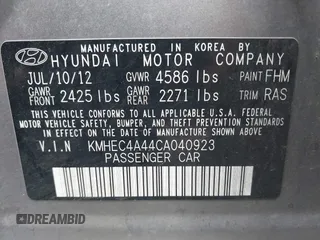2012 Hyundai Sonata Hybrid with VIN KMHEC4A44CA040923, listed as a IAAI auction lot 41990974 with 177,113 mi miles and . Bid and sale history available at DreamBid. Image 9.