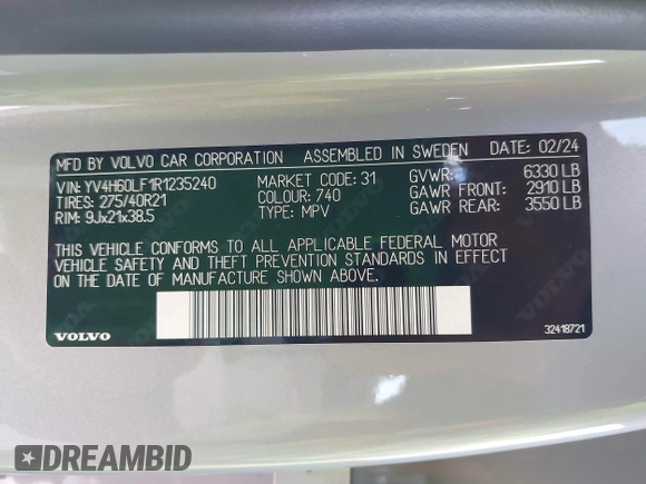 2024 Volvo XC90 Ultimate с VIN YV4H60LF1R1235240, выставлен на аукционе IAAI как лот 42260308 с пробегом 6 584 миль миль и . История ставок и продаж доступна на DreamBid. Изображение 9.
