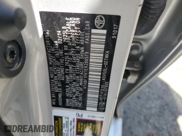 2014 Toyota Camry L with VIN 4T4BF1FK1ER390579, listed as a Copart auction lot 55284295 with 133,926 mi miles and Salvage Title. Bid and sale history available at DreamBid. Image 12.