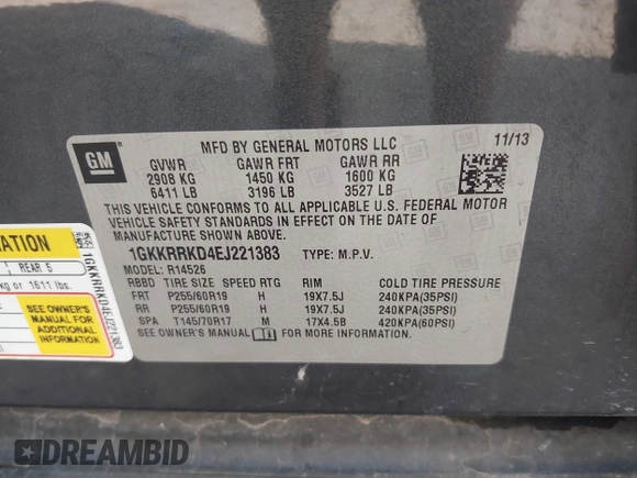 2014 GMC Acadia SLT with VIN 1GKKRRKD4EJ221383, listed as a IAAI auction lot 40396280 with 168,757 mi miles. Bid and sale history available at carsss.com. Image 9.