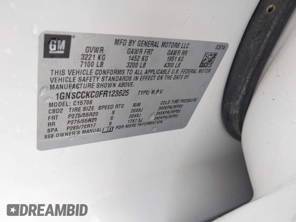 2015 Chevrolet Tahoe LTZ с VIN 1GNSCCKC0FR123625, выставлен на аукционе IAAI как лот 42098188 с пробегом 108 696 миль миль и . История ставок и продаж доступна на DreamBid. Изображение 9.