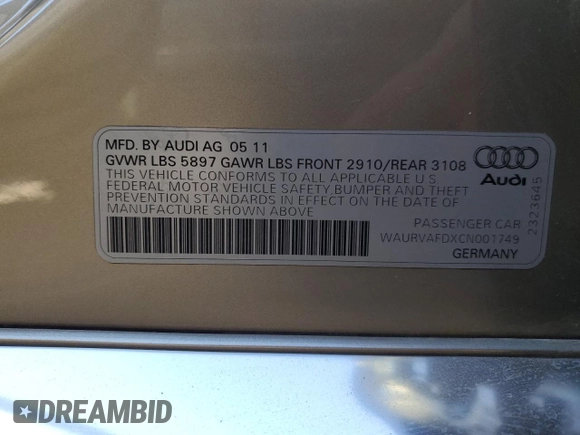 2012 Audi A8 with VIN WAURVAFDXCN001749, listed as a Copart auction lot 44379515 with 169,860 mi miles and Salvage Title. Bid and sale history available at DreamBid. Image 13.