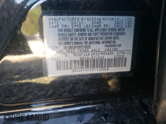 2017 Nissan Sentra S z VIN 3N1AB7AP2HY316068, wystawiony jako Copart lot #56579565 z przebiegiem 231 443 mil mil oraz Szkoda całkowita • Salvage title. Historia ofert i sprzedaży dostępna na DreamBid. Obrazek 13.