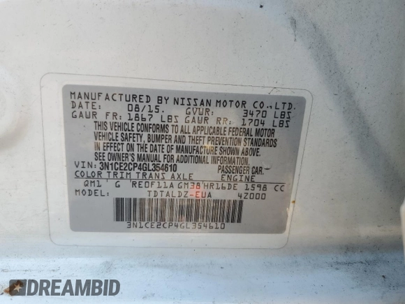 2016 Nissan Note S with VIN 3N1CE2CP4GL354610, listed as a Copart auction lot 56890815 with 98,933 mi miles and Salvage title. Bid and sale history available at DreamBid. Image 12.