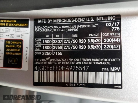 2017 Mercedes-Benz GLS 450 with VIN 4JGDF6EE0HA925547, listed as a Copart auction lot 60476944 with 67,645 mi miles and Salvage Title. Bid and sale history available at DreamBid. Image 13.