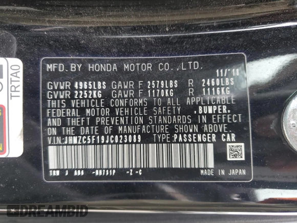 2018 Honda Clarity Plug-In Hybrid with VIN JHMZC5F19JC023089, listed as a Copart auction lot 63196774 with 48,318 mi miles and Salvage Title. Bid and sale history available at carsss.com. Image 14.