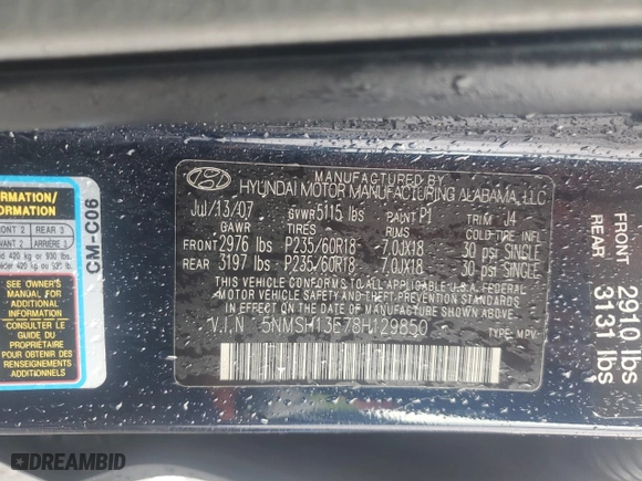 2008 Hyundai Santa Fe SE with VIN 5NMSH13E78H129850, listed as a Copart auction lot 48942265 with 158,947 mi miles and Clean Title. Bid and sale history available at carsss.com. Image 13.