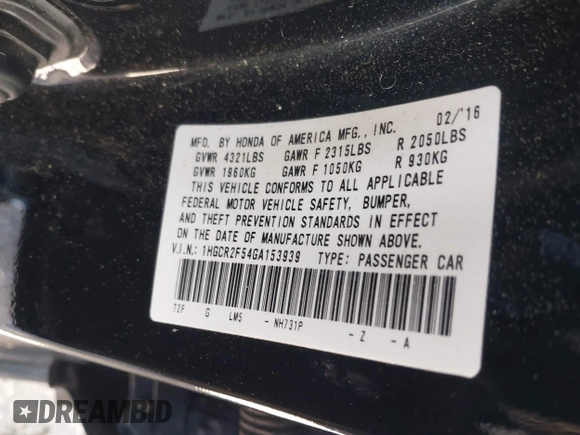 2016 Honda Accord Sport with VIN 1HGCR2F54GA153939, listed as a IAAI auction lot 42109361 with 187,154 mi miles and . Bid and sale history available at DreamBid. Image 9.