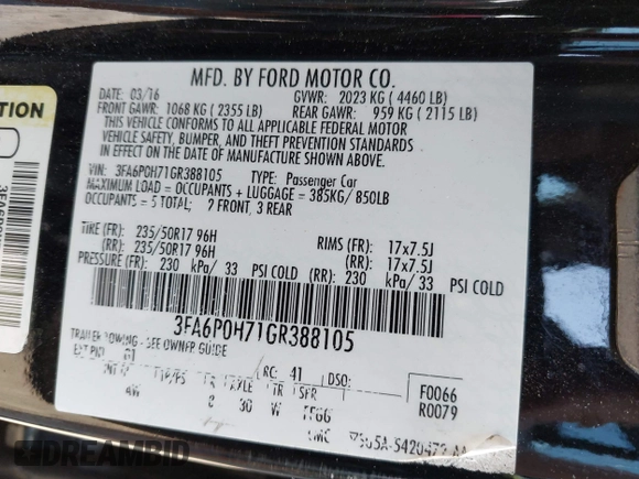 2016 Ford Fusion SE with VIN 3FA6P0H71GR388105, listed as a IAAI auction lot 42159443 with 235,599 mi miles and . Bid and sale history available at DreamBid. Image 9.