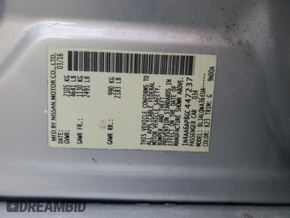 2016 Nissan Maxima SL with VIN 1N4AA6AP8GC447237, listed as a Copart auction lot 45844475 with 159,406 mi miles and Salvage Title. Bid and sale history available at DreamBid. Image 13.